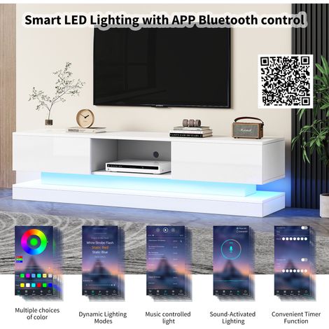 Meuble TV blanc laqué 160x35x40,5 cm, éclairage LED intégré, 2 tiroirs, contrôle via appli, protection anti-chute, pour écrans 60 pouces, console télé basse moderne (1/5)