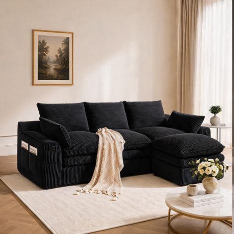 Canapé 3 places en tissu côtelé noir avec pouf et rangements (1/5)