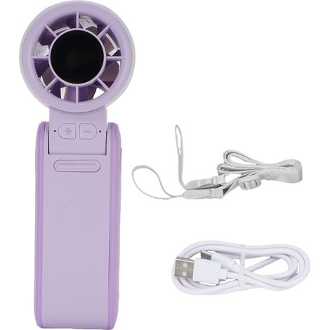 Ventilateur portable silencieux, alimenté par batterie rechargeable 4000 mAh, pliable et compact, avec affichage numérique, dimensions : 5,8 x 5,3 x 16,9 cm, violet. (1/4)