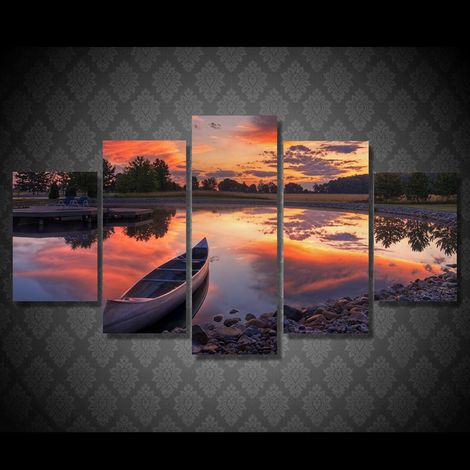 Toile Peinture Coucher De Soleil Canoë - Décoration Murale Sans Cadre - Pour Intérieur Maison Chambre Café Garage - 5 Pièces (1/5)