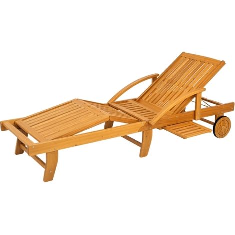 Sonnenliege Holz klappbar Gartenliege mit Seitentisch, Rolle, Liegestuhl mit 4-Fach verstellbare Rückenlehne, Campingliege, Gartenstuhl bis 160 kg belastbar, für Garten Strand, Teak