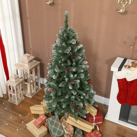 Albero di Natale Innevato Alto 150 cm con 398 Rami, Albero di Natale Artificiale da Interno con Pigne e Bacche Rosse Decorative, Base in Metallo Pieghevole, Facile da Montare, Verde (1/5)