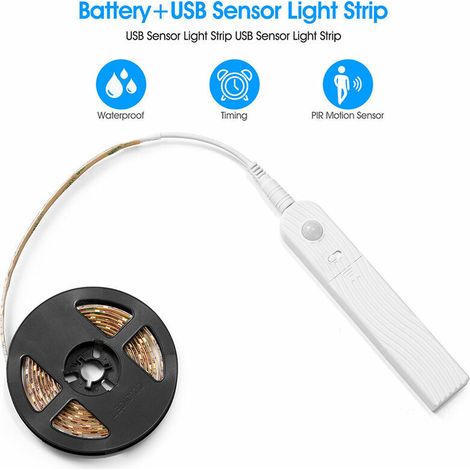 Striscia LED da 2 m con sensore di movimento, striscia LED dimmerabile a batteria da 120 LED, luce LED, striscia LED autoadesiva, striscia luminosa per pensili da cucina, guardaroba e scale (bianco fr