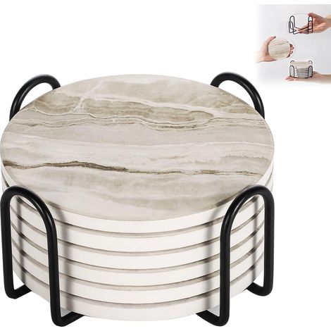 Lot de 6 sous-verres - sous-verres en pierre absorbante avec support - sous-verres en céramique aspect marbre noir pour protéger votre table - idéal comme décoration pour une table basse ou comme cade (1/5)