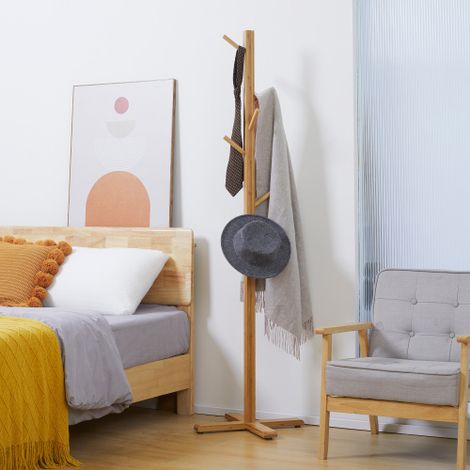 Porte-manteau en bambou naturel avec 8 crochets, structure solide design élégant et fonctionnel, parfait pour hall d'entrée et chambre à coucher (1/3)