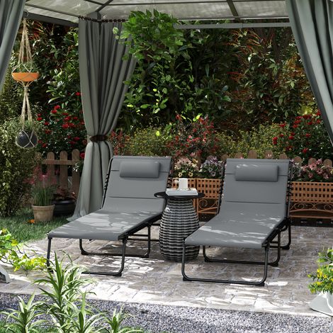 Ensemble de 2 chaises longues pliantes de jardin avec appui-tête, dossier réglable en hauteur (5 positions), poche latérale, gris foncé (1/5)
