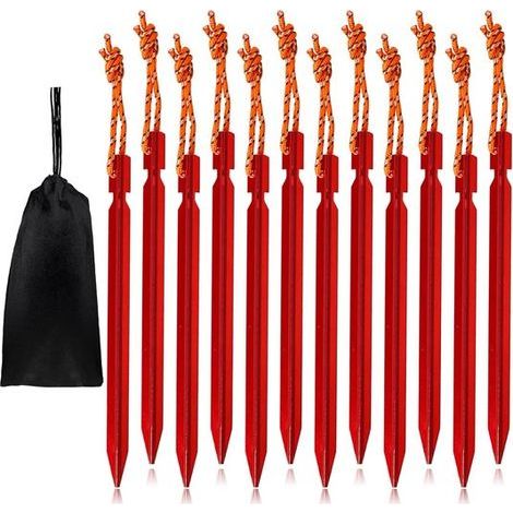 12 Heringe à 18 cm - Aluminium-Bodenheringe für Zeltstabilität und Verankerung, mit Tragetasche und reflektierendem Seil. (1/5)