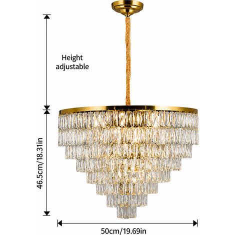 Lustre suspension cascade doré 50 cm en cristal, luminaire design luxe E14 x7 réglable pour salon salle à manger chambre entrée
