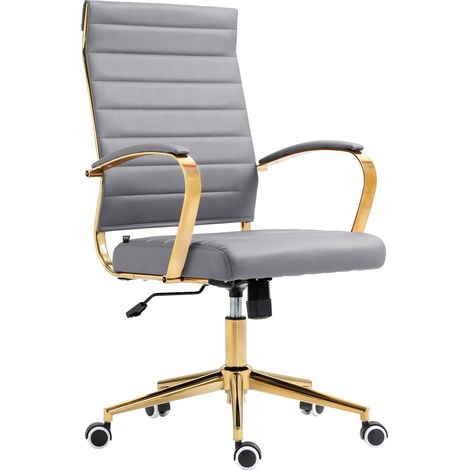 Fauteuil de bureau sur roulettes avec dossier à coutures horizontales PVC gris clair et cadre métal doré 100006969 (1/5)