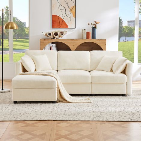 Canapé d'angle en L 3 places 218x156,5x86 cm avec pouf, accoudoirs réglables,avec 4 coussins ,chenille, beige (1/5)
