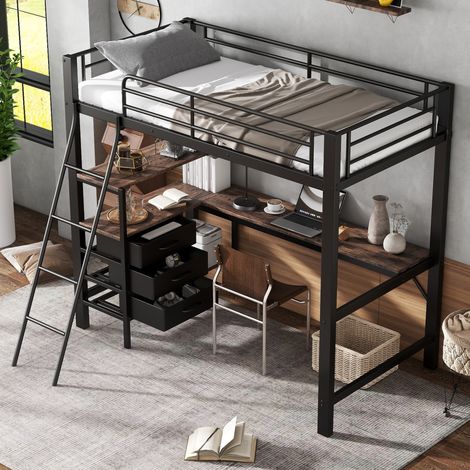 Litera 90x200 cm negra con escritorio 2 m, 3 cajones y escalera (1/5)