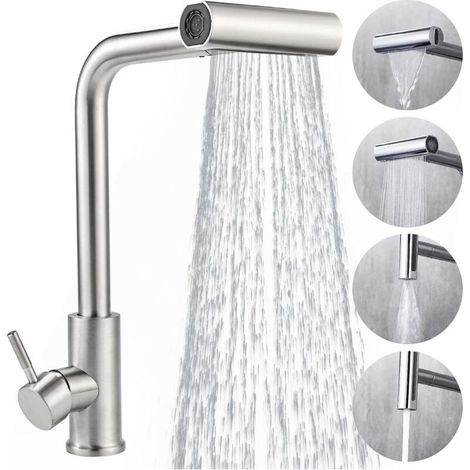 Mitigeur Cuisine avec Douchette Extensible en Acier Inoxydable - Robinet de Cuisine Rotatif 360° Finition Brossée, 4 Modes Débit + Système Antigoutte (Haute Pression/Économie d'Eau/Installation Facile (1/4)
