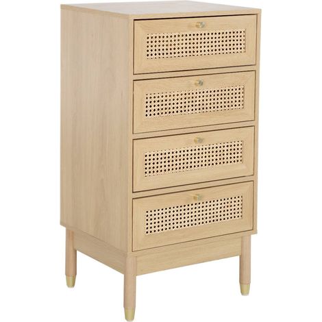 Chest of drawers wood and cane 4 drawers, Natural, 50x40x96 cm - Judith