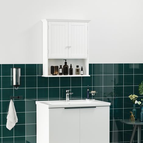 Kleankin Badezimmer-Wandschrank mit 2 Türen, verstellbarem Einlegeboden und offenem Fach, vielseitiges Hängemöbel für Küche und Bad, 60 x 20 x 70,5 cm, Weiß