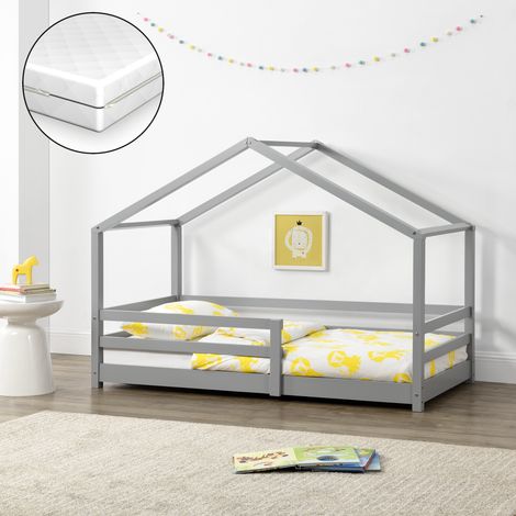 Letto per Bambino a Forma di Casetta con Barriere di Sicurezza e Materasso Ortopedico 70 x 140 cm Lettino in Legno di Pino con Sponde - Grigio Chiaro (1/5)