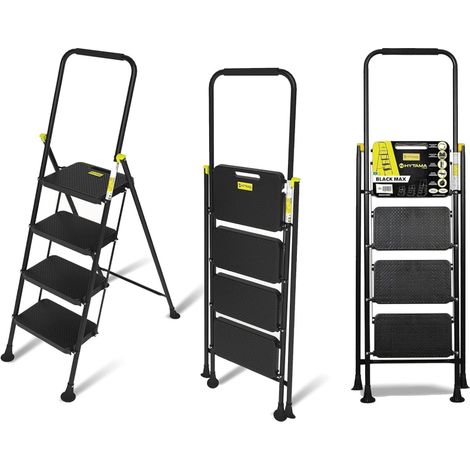 HYTAMA Scala Scaletta Sgabello Pieghevole "BLACK MAX" Salvaspazio con Gradini Antiscivolo e Impugnatura Soft in Gomma per Sicurezza Portata max150kg (4 GRADINI)