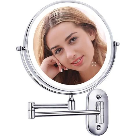 Miroir mural lumineux pour salle de bain 8 pouces avec miroir double face 1X/7X grossissant, éclairage 3 couleurs, structure télescopique, rechargeable par USB