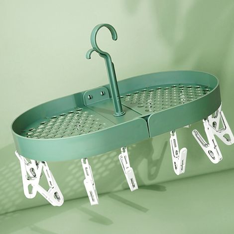 Dunkelgrüner, multifunktionaler Faltkleiderbügel mit Clips für Socken und Schuhe, drehbar zum einfachen Trocknen, praktisches Aufbewahrungsset. (1/5)