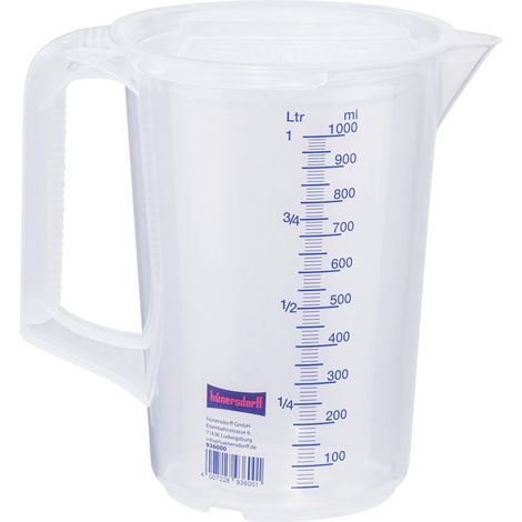 Gobelet doseur 1L avec couvercle, incassable et résistant aux aliments polypropylène (PP), poignée fermée, 2 échelles, transparent (1/3)