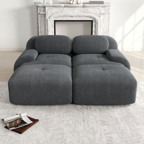 Canapé 2 places en velours côtelé, sans structure, modulable avec une méridienne, antidérapant, accoudoirs ergonomiques et revêtement très élastique pour salon et chambre, gris (1/5)