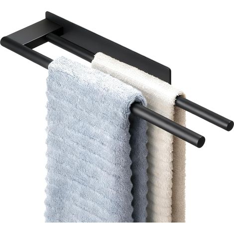 Porte Serviette Salle de Bain Mural sans Perçage, Double Barre Porte Torchon Cuisine en Acier Inoxydable, Porte-Serviettes Adhésif Autocollant, Support Serviette pour SDB, WC, Douche (Noir) (1/5)