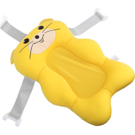 Tapis de bain pour bébé avec motifs d'animaux de dessin animé, sangles réglables, coussin moelleux et tapis de bain jaune. (1/5)