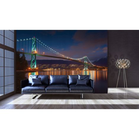 Fototapete Brücke bei Nacht Stadt 3D-Optik, für Wohnzimmer und Schlafzimmer, 250 x 175 cm – Komplettset inkl. Kleister & Anleitung (1/5)