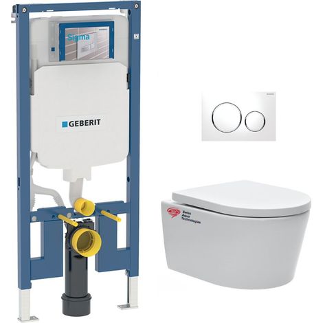 Pack WC bati-support Geberit + WC Swiss Aqua Technologies sans bride + abattant + plaque blanche (SLIMSATCBP) (1/5)