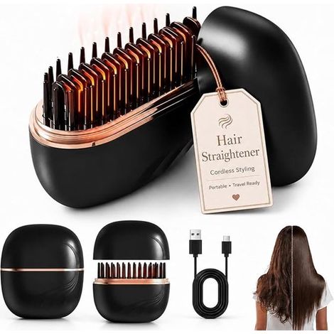 Lisseur sans fil - Mini lisseur - Lisseur de voyage - Peigne chauffant - Outil de coiffage portable - Compact et léger - Interface USB - Température réglable - Idée cadeau - Idéal au quotidien et en v (1/5)