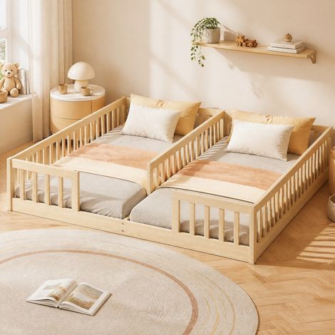Kinderbett 90x200 cm Natur Kiefernholz mit Sicherheitsgitter und Lattenrost (1/5)