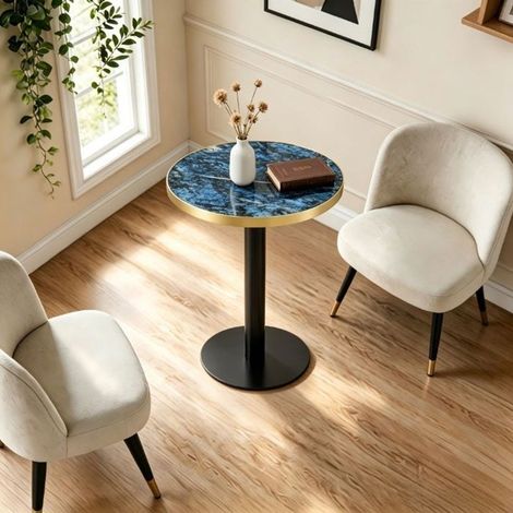 Table plateau rond effet marbre bord doré structure métal stable noir et doré style moderne (1/5)