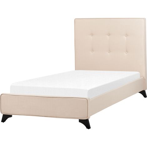 Cama con somier de poliéster beige negro 90 x 200 cm cabecero acolchado somier patas madera caucho Ambassador