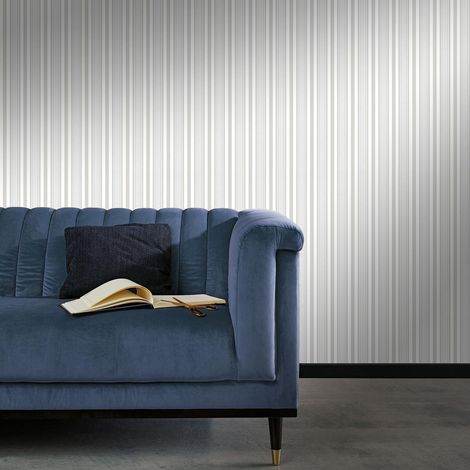 Papier peint rayures gris & blanc idéal salon | Tapisserie grise & blanche à rayures chambre | Papier peint intissé vinyle couloir (1/3)