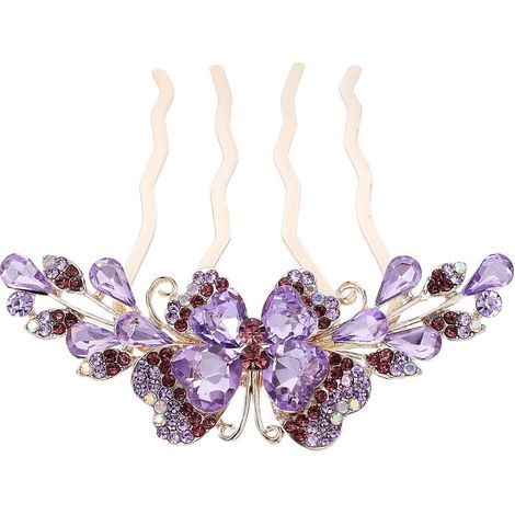Seitlicher Haarkamm, Haaraccessoire für Brautfrisuren, 4-zackige Strass-Haarspange, Haarnadel für Damen – 10,00 x 8,50 x 1,00 cm – Lila (1/4)
