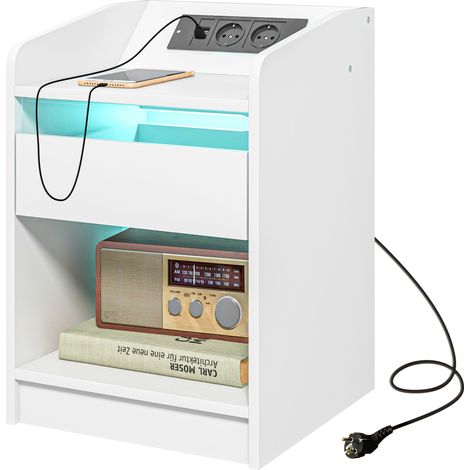 Table de chevet LED blanche 40x40x58 cm avec tiroir, étagère, station de charge USB et télécommande