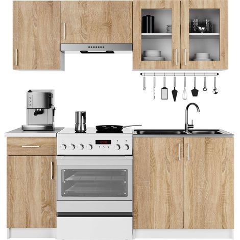 Akord – Ensemble de cuisine vitré 180 cm – 7 portes, 1 tiroir – Façade chêne Sonoma, corps blanc – 8 étagères, panneau stratifié – Agencement prêt à poser (1/5)