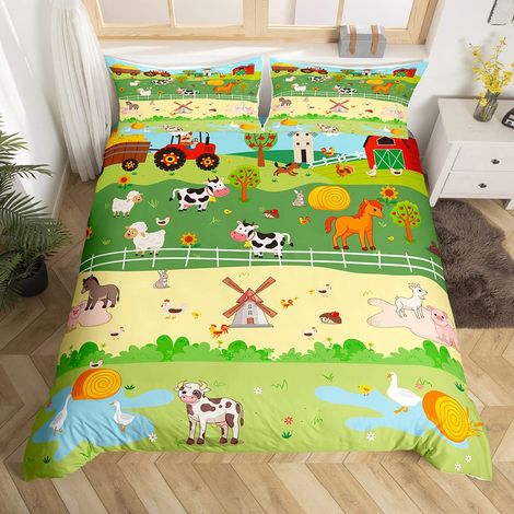 Parure de lit avec housse de couette 135 x 200 cm - Motif animal de la ferme - Motif : vache et cheval - Pour enfants et tout-petits - Avec fermeture éclair (1/5)