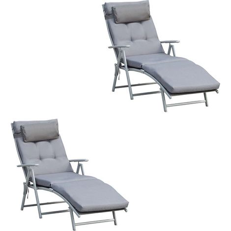 2er-Set sonnenliege Strandliege Gartenliege klappbar verstellbar mit Kissen Garten Metall Stoff Grau 137 x 63,5 x 100,5cm