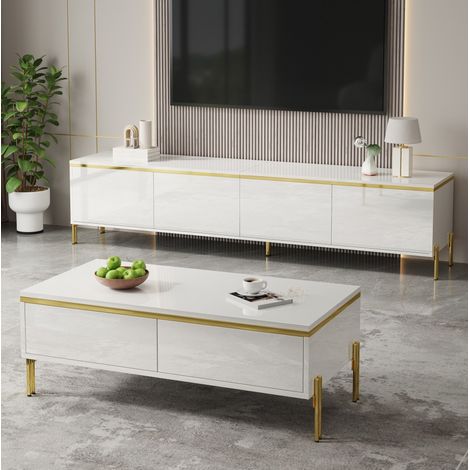 Set mobile TV e tavolino 170x38x50 cm e 100x50x36 cm, contenimento intelligente, dettagli oro, pannello truciolare bianco (1/5)
