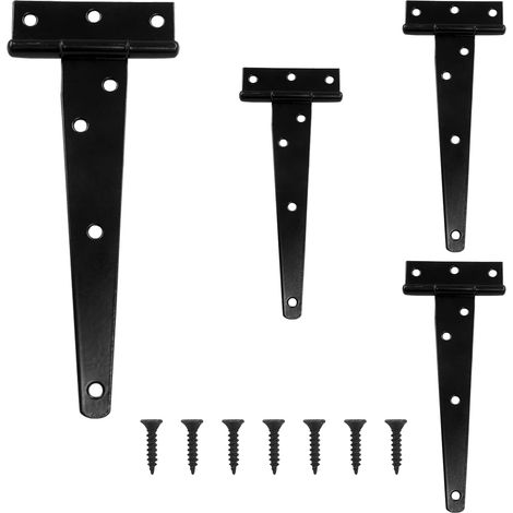 Confezione da 4 cerniere per porte a T in ferro nero da 20 cm, robuste e adatte per esterni, ideali per cancelli, casette da giardino e armadi. (1/5)