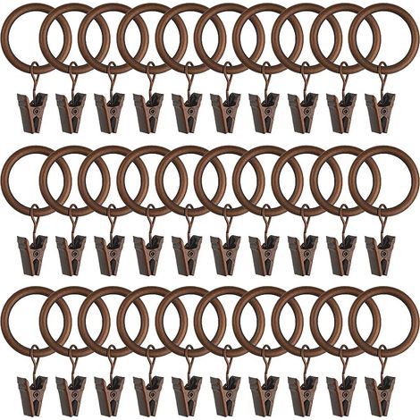 Curtain rings with metal clips - Fits all curtain rods - 32 mm inner diameter - Red bronze - 30 pieces (1/5)