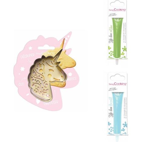 Kit pour biscuit en relief Licorne + 2 Stylos au chocolat vert clair et bleu pastel