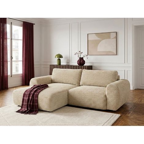BOBOCHIC - Canapé d'angle compact convertible coffre LUCIEN gros côtelé doux Angle gauche Beige (1/5)