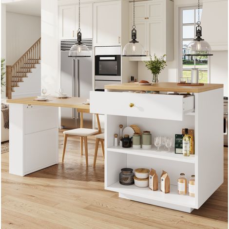 Mobile da cucina con piano estraibile, 122,5-195,5 x 70 x 93,8 cm, bianco, MDF e metallo HAVRYA (1/5)