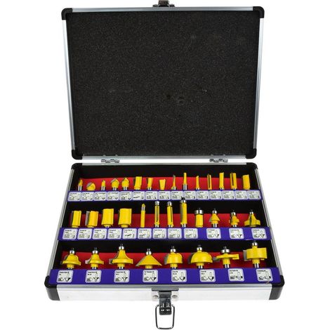 Coffret de fraises pour défonceuse et affleureuse 35 pièces – Embouts HSS pour bois massif et MDF – Mallette aluminium 32x23x7 cm – Geko (1/5)