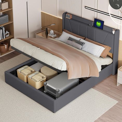 Cama de 160x200cm con 2 puertos USB y 1 puerto Tipo-C, cama tapizada con base de listones de madera, cama de 160x200cm con espacio de almacenamiento y cabecero, lino (gris, 160x200cm)