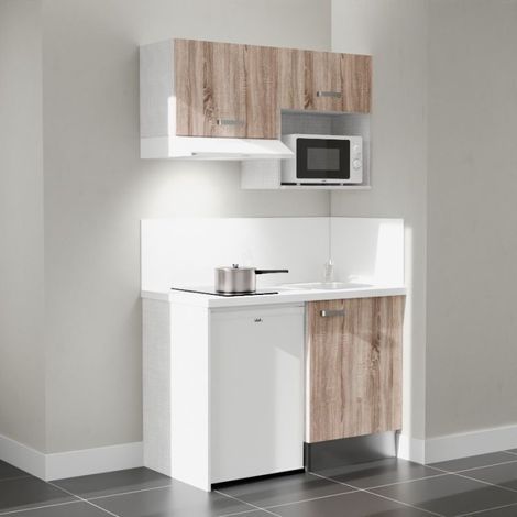 Kitchenette K02L-PT - 120 cm - plan stratifié, évier inox, - Façade Bois - Plan Blanc - Crédences Oui + Electroménager inclus coloris Blanc