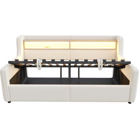 Cama tapizada 90 x 200 cm en terciopelo beige con LED, estante y enchufes (1/5)