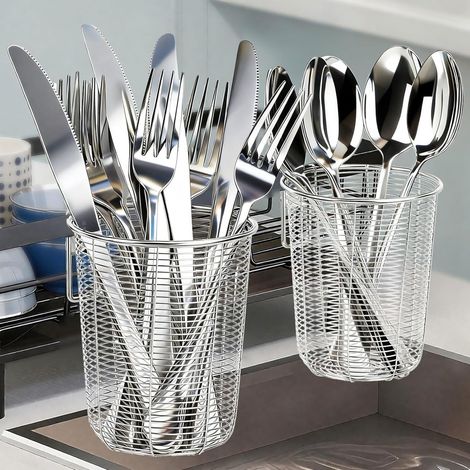 Panier d'égouttage en acier inoxydable deux pièces - range-couverts compact et multifonctionnel - organiseur de couteaux, fourchettes et cuillères (compatible lave-vaisselle)-AquaForge (1/5)