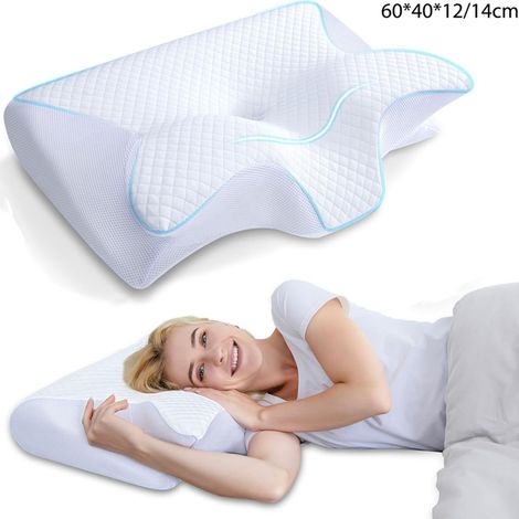 Oreiller Ergonomique Cervical, 2 en 1 Orthopédique à Mémoire pour Dormir sur Le Côté et sur Le Dos, 60x40x12/14cm, Blanc (1/4)